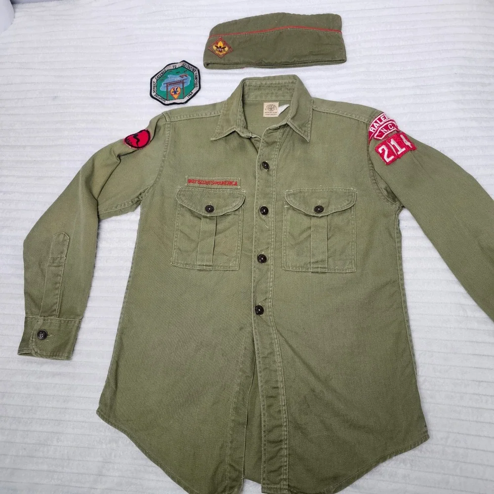 Boy Scouts of America Kids Vintage Patched Uniform 12 Shirt Hat Green 1960s BSA